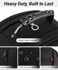 Heavy Duty Built Tough 17 Inch Laptop Backpack For Men And Women, steel-cable handle, water-resistant nylon, visible close-up.