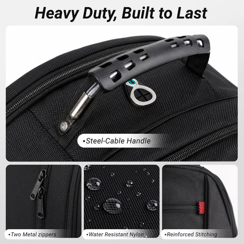 Heavy Duty Built Tough 17 Inch Laptop Backpack For Men And Women, steel-cable handle, water-resistant nylon, visible close-up.