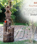 3 Tier Outdoor Birdhouse Water Fountain With Cardinal Accent, Rustic Brown Garden And Patio Decor, 35 Inch Tall in garden