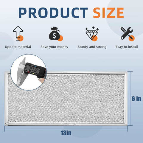 Product size graphic showing 13 x 6 inch microwave filter with caliper measurement for Whirlpool and GE microwaves.