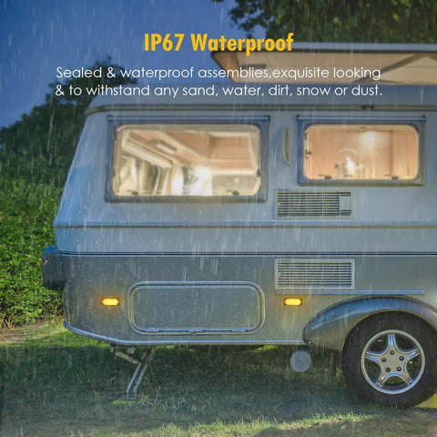 Amber LED Turn Signal Side Marker Lights 4.4 Inch 2 Pack on a wet trailer, highlighting IP67 waterproof aluminum housing.