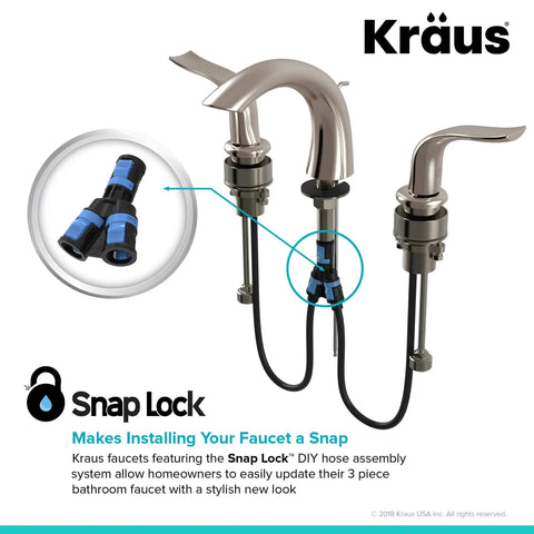 Spot Free All Brite Brushed Nickel Two Handle Widespread Bathroom Faucet With Lift Rod Drain For 8 Inch Widespread 3 Hole Install Includes Mounting Hardware Lifetime Warranty Fingerprint And Water Spot Resistant Finish showcasing snap lock connectors for easy DIY installation