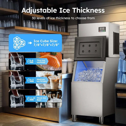Industrial Ice Maker Workhorse With 550 Lbs Per Day Output And 400 Lbs Storage displayed in a kitchen setting