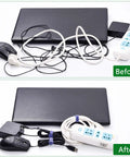 Before and after using Reusable Hook And Loop Cable Ties Pack 60 Count Adjustable Cable Straps for tidy wire management.