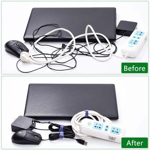 Before and after using Reusable Hook And Loop Cable Ties Pack 60 Count Adjustable Cable Straps for tidy wire management.
