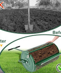 24 Inch Compost Spreader For Peat Moss And Manure Lightweight Metal Mesh Roller With Adjustable T Shaped Handle in use on lawn