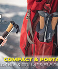 Trek-Z Cork Grip Trekking Poles For Hiking held and stored in red backpack, folded to 4x4x38 cm, compact aluminum design