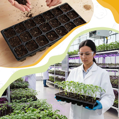 Seed Starter Kit With Dome Trays 21 Cell Plug Trays And 1020 Flat Trays No Holes Includes 100 Plant Tags in indoor greenhouse