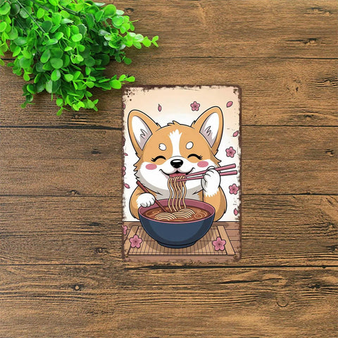 Corgi Dog Ramen Tin Sign Wall Art 8x12 Inches Vintage Metal Sign For Home Decor Office Garage Room Easy Hang With Predrilled Holes Durable Lightweight Aluminum Retro Style Cool Vibe.