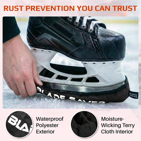 Pro Grade Ice Skate Guards For Figure Skating And Hockey in use on ice rink, showing rust prevention, black medium size.