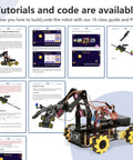 5DOF Smart Robot Arm And 4WD Remote Control Car Kit For Arduino Python Blockly Projects STEM Education Starter Kit For Teens 12 Plus And Adults Programmable Robotic Arm Car For Coding Practice Hands On Learning And Unique Gift with instructional guides displayed