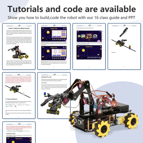 5DOF Smart Robot Arm And 4WD Remote Control Car Kit For Arduino Python Blockly Projects STEM Education Starter Kit For Teens 12 Plus And Adults Programmable Robotic Arm Car For Coding Practice Hands On Learning And Unique Gift with instructional guides displayed