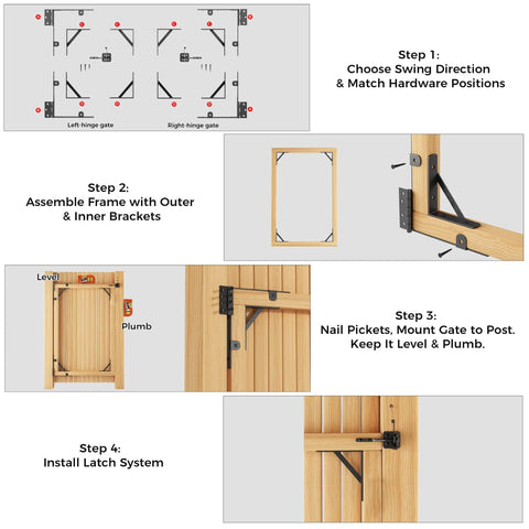 Heavy Duty Anti Sag Outdoor Wood Gate Corner Bracket Kit With One Piece 90 Degree Bent Steel And Diagonal Brace For Strong Easy Install Gate Support Built Tough, installation steps