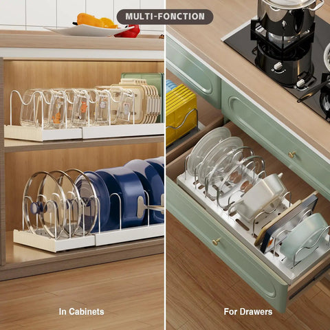 2 Pack Expandable Pots And Pans Lid Organizer Rack For Under Cabinet Storage With 9 Adjustable Dividers, White