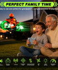 Grandparent and child playing with Ground And Air RC Motorbike Toy For Kids And Adults 2 In 1 Remote Control Vehicle with LED Lights.