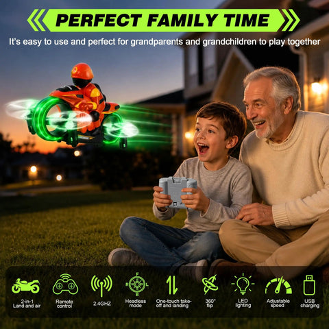 Grandparent and child playing with Ground And Air RC Motorbike Toy For Kids And Adults 2 In 1 Remote Control Vehicle with LED Lights.