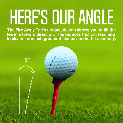 Premium Golf Tees With Reduced Spin And Low Friction For Higher Launch And Longer Carry, shown at a 5-degree angle with ball.
