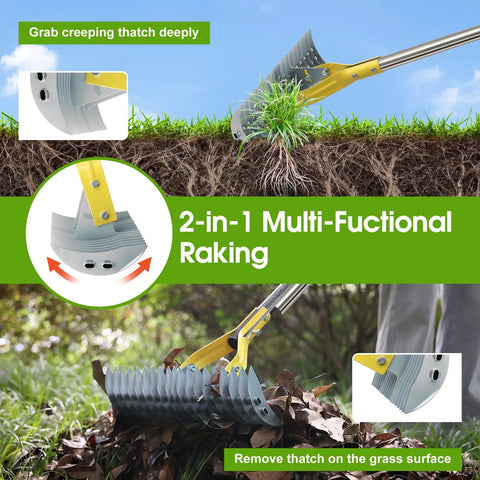 55 Inch Long Stainless Steel 2 In 1 Thatch Rake For Lawn with Sharp Dethatching Blade and Manual Scarifier Tool in use on grass