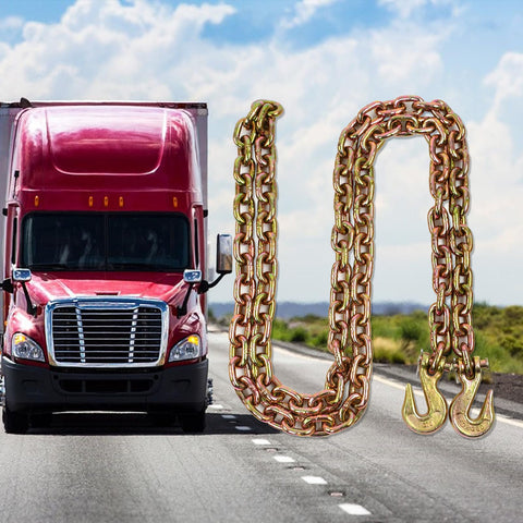 Beefy Three Eighths Inch Transport Binder Chain G80 Tow Chain With Grab Hooks Ten Feet Long 7100 Lb Safe Working Load beside truck