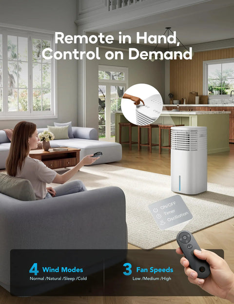 Living room scene with No Window Portable Evaporative Air Cooler With Remote Control 3 Speed Settings 4 Modes 7 Hour Timer.