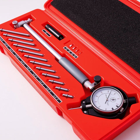 CARdant Dial Indicator Bore Gauge Set in red case with dial gauge and interchangeable rods, 2–6 in range