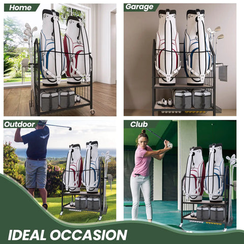 Two Level Golf Bag Organizer With Movable Lockable Wheels Dual Bag Rack for Two Golf Bags at home, garage, outdoor, and club settings