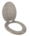 Distressed Grey Wood Round Toilet Seat With Chrome Hinges Durable Wood Veneer Construction Easy Install Securely Attaches To Most Toilets Soft Close Feature For Quiet Modern Bathroom Upgrade open view