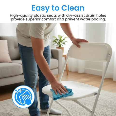 Person cleaning Ten Pack Plastic Folding Chairs With Metal Frame Foldable And Stackable Portable 330 Lb Capacity Perfect For Wedding Party Picnic Office Indoor Outdoor Dining White