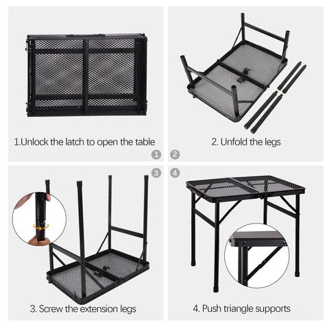 Step-by-step assembly of Portable Folding Table For Camping And BBQ, showing aluminum frame, rust-resistant mesh top, collapsible design.