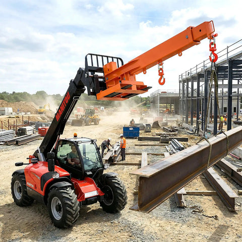 Built Tough Fork Mounted Jib Crane Boom Lift 6613 Lbs Capacity at construction site lifting heavy steel beams with dual swivel hooks.