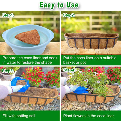 All Natural Coconut Fiber Planter Liners For 24 Inch Pots, 2 Pack steps: soaking liner, placing in pot, filling soil, planting flowers.