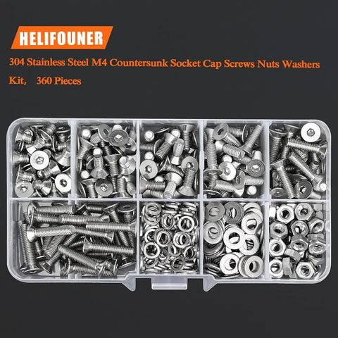 Heavy Duty 304 Stainless Steel M4 Fastener Kit providing countersunk socket cap screws, nuts, and washers displayed in a clear storage box.