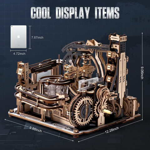 3D Wooden Puzzle Marble Run For Adults - Upgraded Spaceport Model Kit With Electric Drive, dimensions labeled and detailed view.
