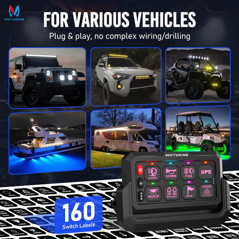 Eight-Gang Wireless Car Switch Panel for P1S-W with 328 Ft 433MHz Remote Range displayed near various vehicles
