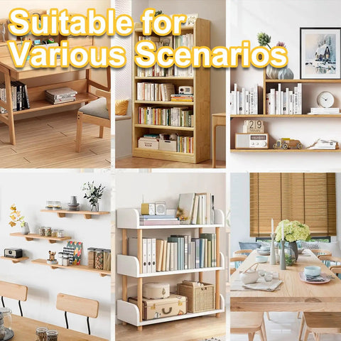 Variety of wooden shelves and tables displaying books, decor, and dining setups arranged in various home scenarios.