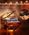 3D Wood Puzzle Piano Kit With LED Lights, intricately crafted wooden keyboard model on a desktop with glowing LED keys