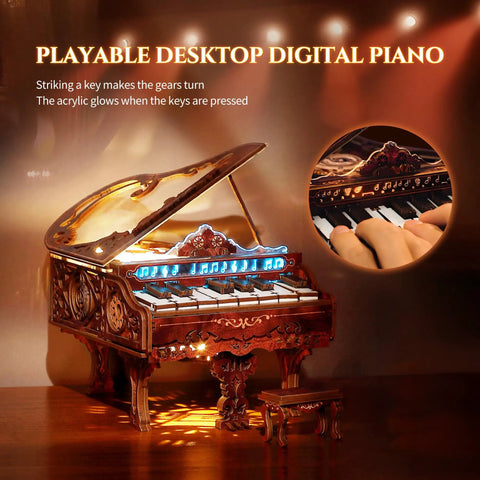3D Wood Puzzle Piano Kit With LED Lights, intricately crafted wooden keyboard model on a desktop with glowing LED keys