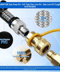 Rock Solid 48 Inch Commercial Gas Hose Connector Kit With 3/4 Quick Disconnect And Full Port Shut Off Valve For Chefs And Restaurants Featuring Reliable Restraint Cable, showcasing brass fittings and PVC hose.