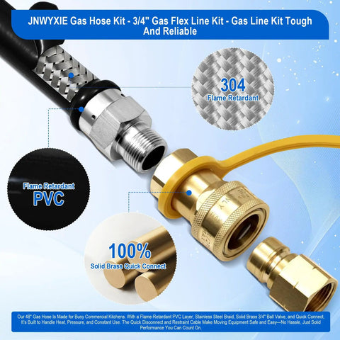 Rock Solid 48 Inch Commercial Gas Hose Connector Kit With 3/4 Quick Disconnect And Full Port Shut Off Valve For Chefs And Restaurants Featuring Reliable Restraint Cable, showcasing brass fittings and PVC hose.