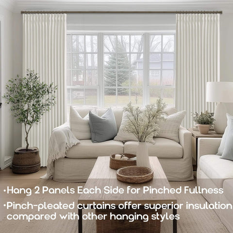 Cream Blackout Curtains With Matte Polished Finish And Pinch Pleat Linen Texture For Bedroom installed on floor-to-ceiling window track system.