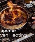 Cooking steak in stainless steel pan with detachable handle, part of 15 Piece Stainless Steel Pots And Pans Set With Detachable Handle Induction Compatible Oven Safe Up To 600 Degrees Non Warping PFAS Free For RV And Home Cooking.