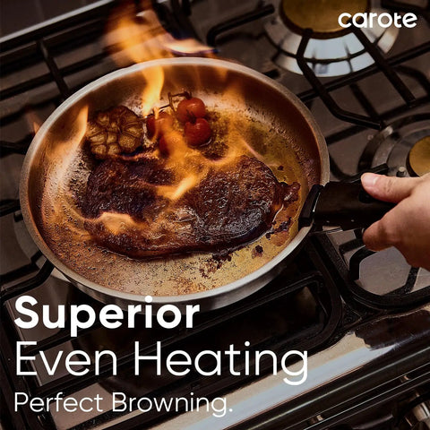Cooking steak in stainless steel pan with detachable handle, part of 15 Piece Stainless Steel Pots And Pans Set With Detachable Handle Induction Compatible Oven Safe Up To 600 Degrees Non Warping PFAS Free For RV And Home Cooking.