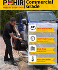 Man using Heavy Duty Three Eighths Inch Pressure Washer Hose 50 Feet 4800 PSI Steel Wire Braided With Swivel Quick Connect No Kink Premium Material for Commercial Grade Industrial Cleaning on vehicle.