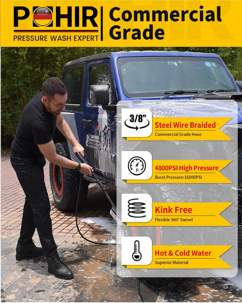Man using Heavy Duty Three Eighths Inch Pressure Washer Hose 50 Feet 4800 PSI Steel Wire Braided With Swivel Quick Connect No Kink Premium Material for Commercial Grade Industrial Cleaning on vehicle.