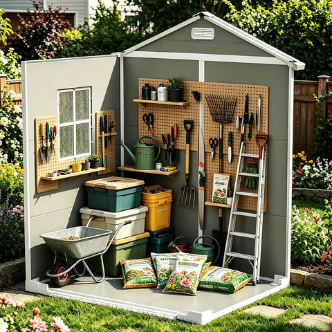 6x4 Ft Outdoor Resin Storage Shed With Floor And Window, showcasing gardening tools, lawn equipment, and supplies