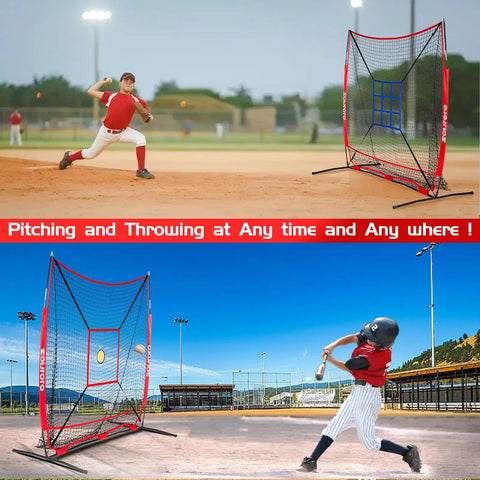 6x6 Ft Baseball Practice Net With 3 Targets, Portable Batting Hitting Pitching Throwing Net For Kids Indoors Or Outdoors, Easy Setup And Compact Carry Bag, Great For Home Practice And Training Sessions on a baseball field.