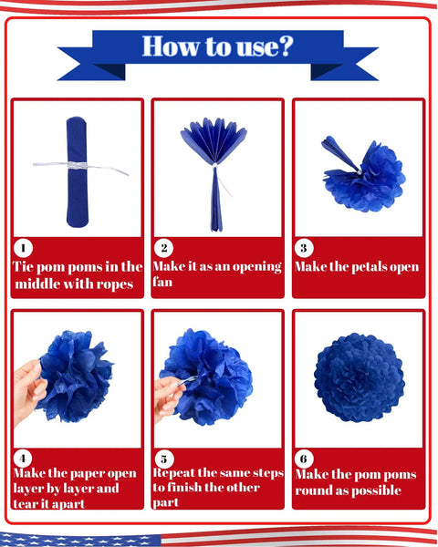 Step-by-step instructions for assembling blue paper pom poms from Patriotic Decorations Bundle for Veterans Day and Fourth of July.