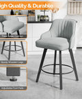 Swivel Bar Stool With Back Rest 26 Inch Counter Height Gray Linen Fabric Upholstered Seat in modern kitchen setup