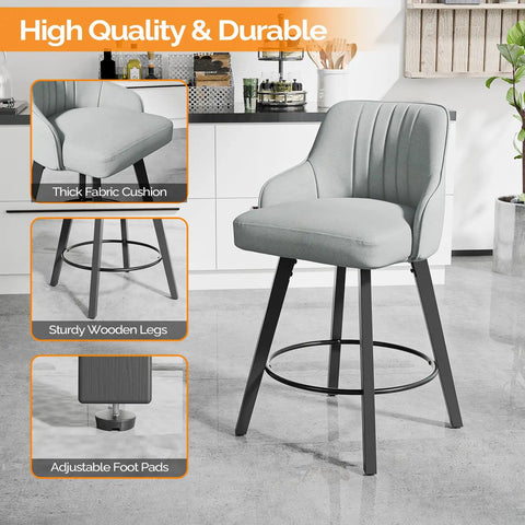 Swivel Bar Stool With Back Rest 26 Inch Counter Height Gray Linen Fabric Upholstered Seat in modern kitchen setup