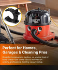 Universal Vacuum Hose Holder Clip Set For Henry, George, James And Charles shown with vacuum in use with hose neatly stored.